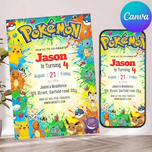 May include: A colorful Pokémon-themed birthday invitation featuring Pikachu, Charmander, Bulbasaur, and other characters on a paint-splatter background. The text reads: Join us to celebrate Jason is turning 4, August 21, Friday, at 2-5PM, Jason's Residence, 123, Street, Garfield road, City, RSVP at 123-456-7890000, WWW.WEBSITE.COM.