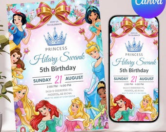 Magical Disney Princess Birthday Invitation | Royal Bow Invite for Girls | Watercolor Canva Template Download