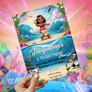 May include: A rectangular birthday invitation card featuring a tropical beach scene with a cartoon girl, a pig, and a toucan. The text reads: Join us for a, Jacqueline's 5 TH BIRTHDAY, Saturday, 17th April 202X, 3:00pm to 5:00pm, 123 ABC Street, XYZ Village, Alphabet City, RSVP To Mommy, May 123-456-789.