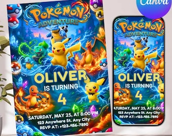 Edytowalny szablon zaproszenia urodzinowego Pokemon | Zaproszenie na imprezę Pikachu | Pobieranie cyfrowe 5x7 | Karta do druku Canva