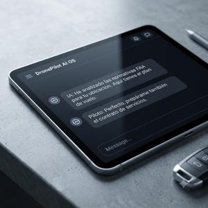 Może przedstawiać: Tablet z interfejsem DronePilot AI OS oraz czatem w języku hiszpańskim dotyczącym przepisów FAA i planów lotu. Ekran ma ciemny motyw z białym tekstem, polem do wpisywania wiadomości oraz małą ikoną przedstawiającą układ scalony.