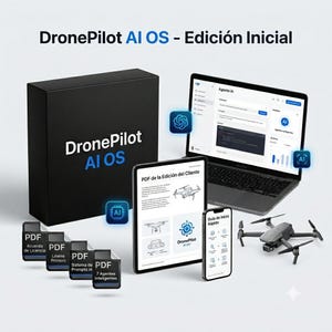May include: A black box labeled DronePilot AI OS - Edición Inicial, a laptop displaying an AI agent interface, a tablet showing a PDF manual, a smartphone with a quick start guide, four PDF file icons, and a small gray drone with four propellers.