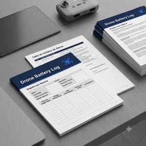 Puede incluir: Una pila de hojas de papel blancas tituladas Drone Battery Log con encabezados azules y un icono de dron. Los formularios incluyen tablas para registrar la marca de la batería, capacidad, fecha de compra, voltaje, tiempo de vuelo y temperatura.