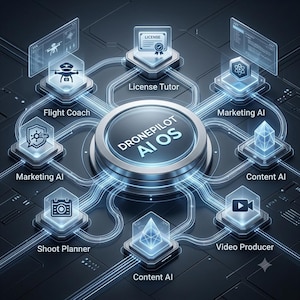 Puede incluir: Una interfaz digital titulada DRONEPILOT AI OS en el centro, rodeada por ocho nodos hexagonales brillantes conectados por rutas de luz. Cada nodo presenta iconos para Flight Coach, License Tutor, Marketing AI y Video Producer.