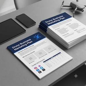 Puede incluir: Una pila de documentos impresos titulados Drone Business Marketing Plan con un encabezado azul, que incluye secciones para la definición de nicho, categorías de servicios y canales de promoción con iconos de redes sociales y una drone.