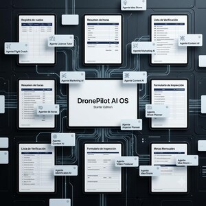 Puede incluir: Un panel digital titulado DronePilot AI OS Starter Edition rodeado de múltiples pantallas de tabletas que muestran formularios como registros de vuelo, listas de verificación de inspección y metas mensuales, conectados por líneas de circuitos brillantes.