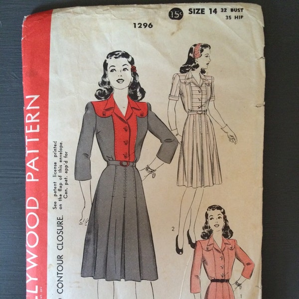 Vintage 1940's Hollywood Patterns 1296 One Piece Day Dress