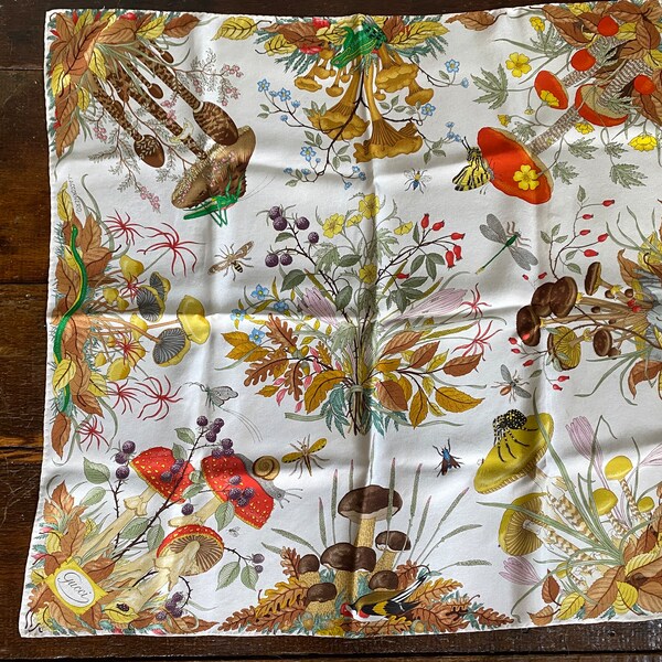 GUCCI Silk Scarf Designed by V Accornero Floral BugsButterflies Frog Mushrooms