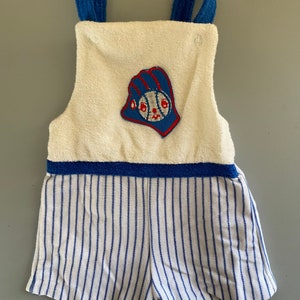 Vintage Toddler Boy Terrycloth Blue & White Baseball Romper with Snap Closure 18 M image 1