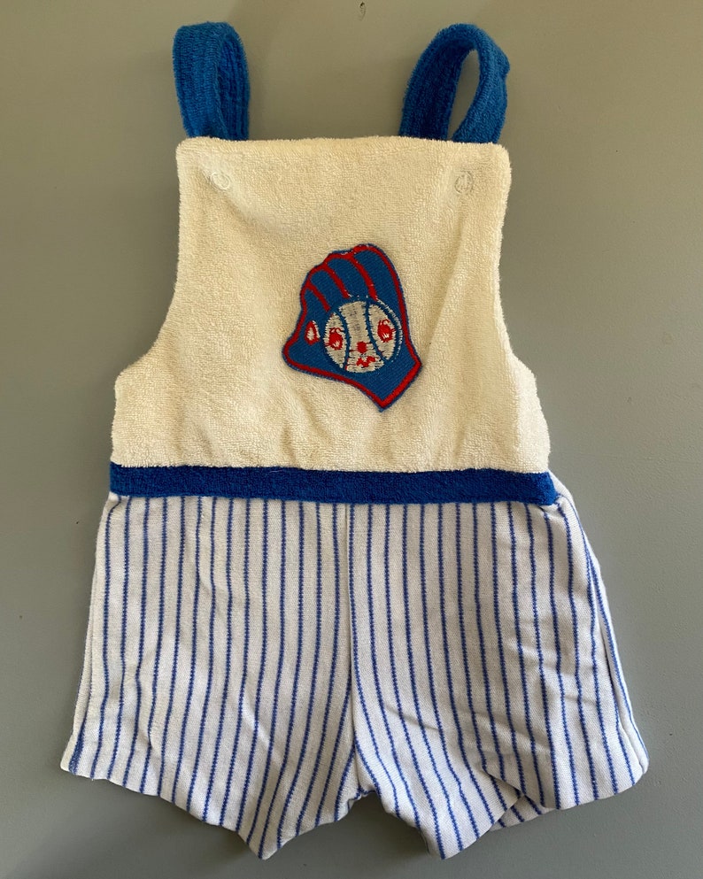 Vintage Toddler Boy Terrycloth Blue & White Baseball Romper with Snap Closure 18 M image 1