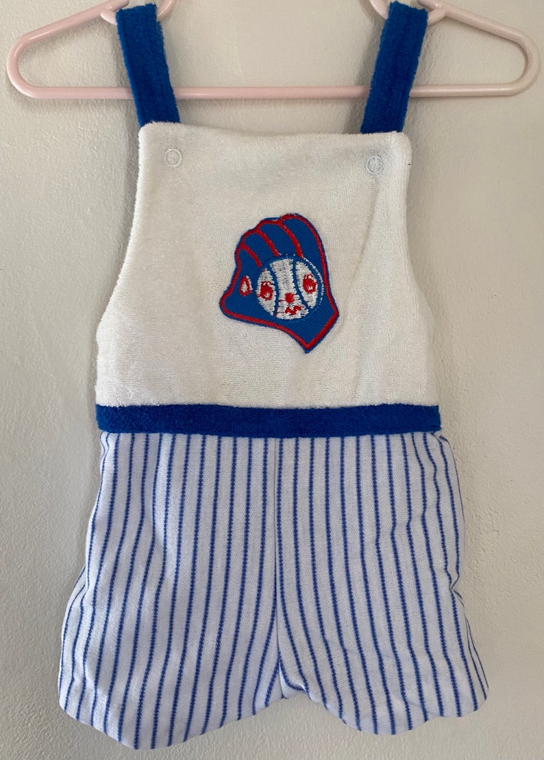 Vintage Toddler Boy Terrycloth Blue & White Baseball Romper with Snap Closure 18 M image 2