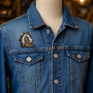 May include: A blue denim jacket featuring a pointed collar, long sleeves, and a button-up front with metallic buttons. An embroidered patch of a brown and white horse head is attached to the upper left chest area above the breast pocket.