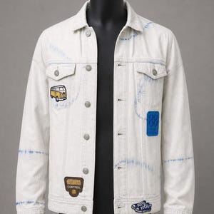White Denim Jacket Men, Patch Denim Jacket, Reworked Jean Jacket, Embroidered Streetwear Jacket, Vintage Style Large