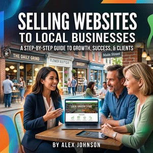 Può includere: Una copertina di libro intitolata Selling Websites to Local Businesses: A Step-by-Step Guide to Growth, Success, & Clients di Alex Johnson. La copertina mostra un portatile che visualizza un sito web di un negozio di alimentari.