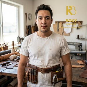 May include: A brown leather tool belt worn over a white t-shirt, featuring multiple pockets and loops holding metal tools including a hammer and measuring tape. The logo ROXY LEATHER HANDCRAFTED PREMIUM GOODS is visible in the upper right corner.