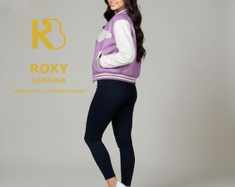 Pink Purple Leather Cropped Varsity Jacket Women, White Sleeves, Streetwear Bomber