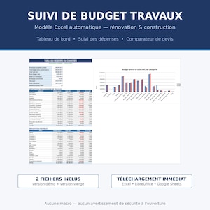 Peut inclure: Modèle Excel automatique pour le suivi de budget de travaux de rénovation et construction. L'interface présente un tableau de bord, un suivi des dépenses et un comparateur de devis avec des tableaux et un graphique à barres comparatif.