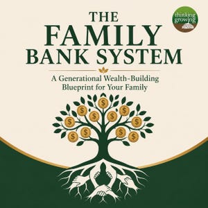 Op de afbeelding: Een boekomslag met de titel The Family Bank System: A Generational Wealth-Building Blueprint for Your Family. Het toont een donkergroene boom met gouden dollar-munten als bladeren en wortels gevormd door in elkaar grijpende witte handen.