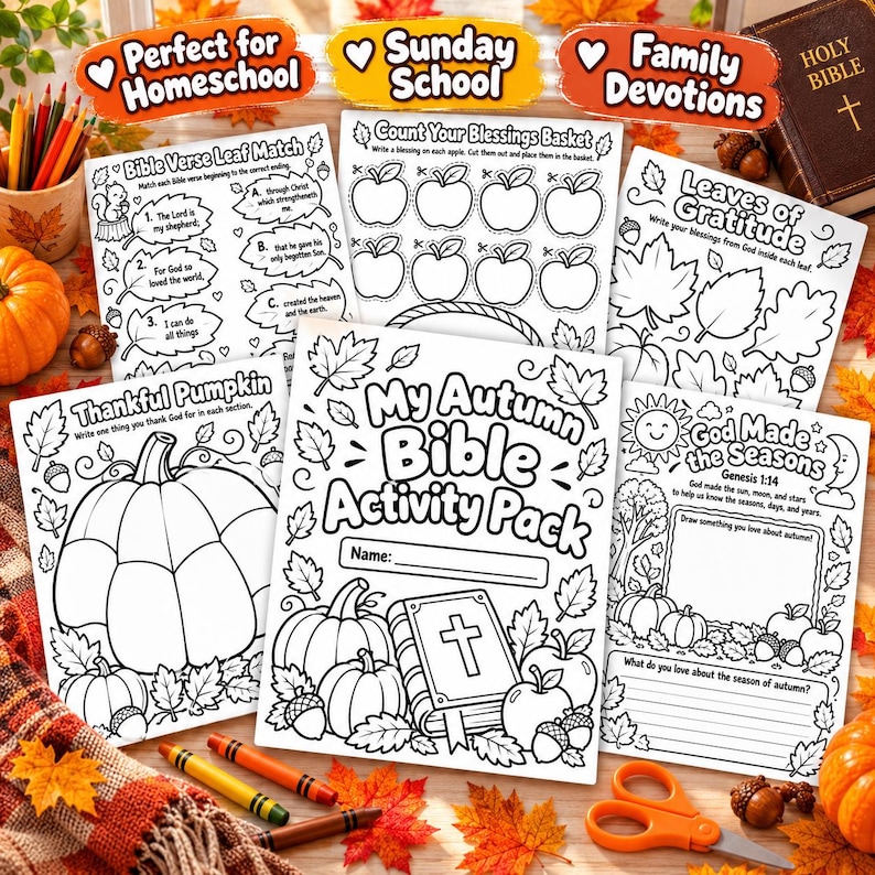 Autumn Bible Activity Pack for Kids, 45 Page Christian Fall Printable ...