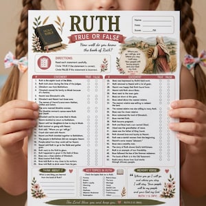 May include: A printed game sheet titled Ruth True or False featuring fifty statements about the biblical book of Ruth. The page includes a Bible illustration, a depiction of a woman in a field, checkboxes for true or false answers, a section for notes, and a memory verse from Ruth 1:16.