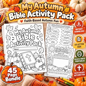 Op de afbeelding: Een printbaar activiteitenpakket genaamd My Autumn Bible Activity Pack met zwart-wit kleurplaten van pompoenen, appels en bladeren. Het bevat een Bijbelvers-matchspel en een werkblad over de seizoenen voor kinderen.