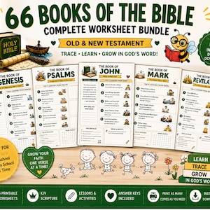 Op de afbeelding: Een digitaal werkbladpakket getiteld 66 Books of the Bible met lessen uit het Oude en Nieuwe Testament. De weergave bevat pagina's voor Genesis, Psalmen, Johannes, Marcus en Openbaring, versierd met bijenillustraties, tekst en lijntekeningen.