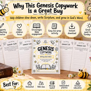 May include: A Genesis Copywork activity book with lined pages for scripture writing, surrounded by a Holy Bible, a bee-themed mug with pencils, and informational graphics about handwriting practice and Bible engagement.