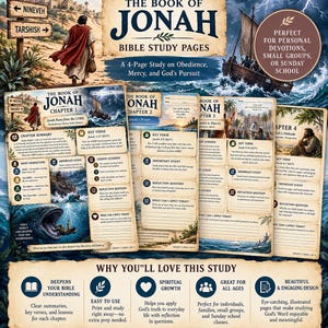 May include: A four-page Bible study set titled The Book of Jonah, featuring illustrated scenes of Jonah, a ship at sea, and a large fish. Each page includes chapter summaries, key verses, reflection questions, and application sections for study.
