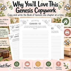 May include: A set of printable Genesis copywork pages featuring lined paper with bee and butterfly illustrations. The text includes Bible Writing Genesis 4:1 and verses about Adam and Eve. The pages are white with black text and decorative floral accents.