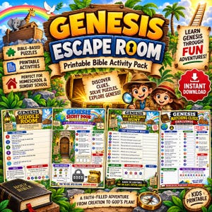 Könnte beinhalten: Ein Genesis Escape Room druckbares Bibel-Aktivitätspaket mit farbenfrohen Illustrationen der Arche Noah, einer Schatztruhe und zwei Kindern mit einer Lupe. Das Set enthält Rätsel-, Geheimtür-, Such- und Zuordnungsspielblätter.
