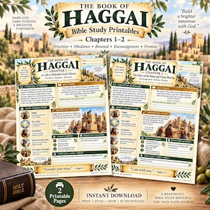 Può includere: Due pagine stampabili di studio biblico per il Libro di Aggeo, capitoli 1-2. Ogni pagina presenta un titolo, un riassunto, un versetto chiave, i personaggi principali, eventi, lezioni e domande di riflessione con un design a pergamena.