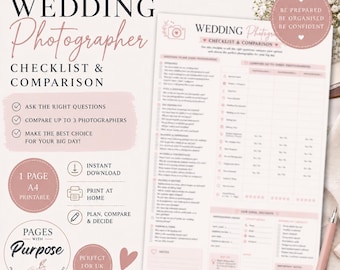 Wedding Photographer Checklist & Comparison Printable | UK Wedding Planner | 1-page Questions | A4 Digital Download