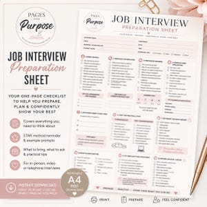 Op de afbeelding: Een wit A4-blad voor sollicitatiegesprekvoorbereiding met zachtroze accenten en zwarte tekst. Het document bevat georganiseerde secties voor bedrijfsgegevens, onderzoek, interviewvragen en checklists voor diverse interviewvormen.