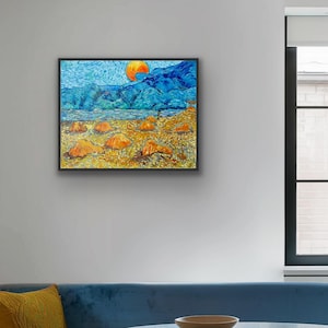 Blue Mountain Oil Painting, Haystack Landscape Art, Van Gogh Style Canvas, Impasto Sunset Valley, Autumn Harvest Decor, River Scenery