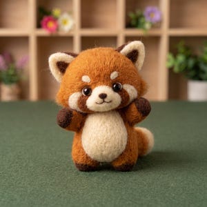 May include: A needle-felted red panda figurine with a fuzzy texture, featuring a rust-orange head and back, a cream-coloured face and belly, dark brown ears and paws, and black bead eyes. The small creature stands upright with arms raised.