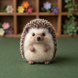 May include: A needle-felted hedgehog figurine with a cream-coloured fuzzy belly, brown and white spiky quills, small dark eyes, a black nose, and soft pink cheeks. The hedgehog stands upright with tiny paws visible against its fluffy white chest.
