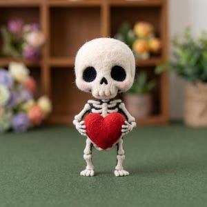 May include: A needle-felted skeleton figurine with a large, round white skull, black eye sockets, and pink cheek accents. The skeleton has a rib cage and limbs made of white wool and holds a bright red, heart-shaped felt object in its hands.