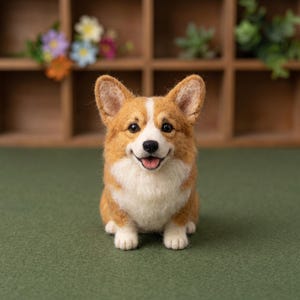 May include: A needle-felted Corgi figurine featuring a tan and white coat, upright ears, black eyes, and a small black nose. The dog is depicted in a sitting position with its mouth slightly open, showing a pink tongue, and a white chest patch.