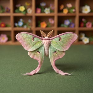 Peut inclure: Une figurine de papillon de nuit fabriquée à la main avec des ailes texturées douces dans un dégradé de vert pastel et de rose. Le papillon possède un corps duveteux, des antennes plumeuses et des taches oculaires sur chaque aile.