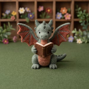 May include: A needle-felted sage green dragon figurine with rust-colored wing membranes and a matching belly. The dragon is holding a small, brown, rectangular book with a visible spine and cover details, featuring a textured, soft-fiber appearance.