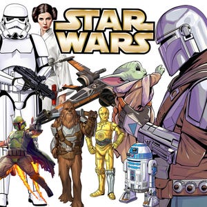 Pode incluir: Uma ilustração gráfica de Star Wars apresentando um Stormtrooper, Princesa Leia, um Mandaloriano, Grogu, Chewbacca, C-3PO, R2-D2, Boba Fett e um caça estelar X-wing. O icônico logotipo Star Wars é exibido em dourado e preto no topo.