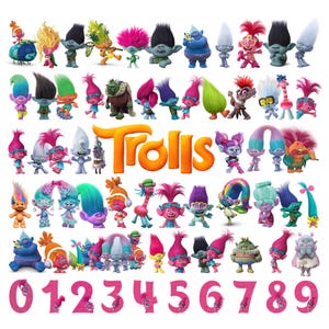 以下が含まれることがあります： 中央にオレンジ色のTrollsロゴ、下部にピンクのグリッターで描かれた0から9までの数字が配置され、その周囲に様々な髪色、スタイル、衣装のTrollsのキャラクターが並んでいます。