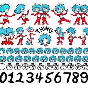 May include: A collection of digital illustrations featuring Thing 1 and Thing 2 characters with bright blue hair and red jumpsuits, including various poses, circular badges labeled Thing 0 through 20, and large black numbers from 0 to 9.