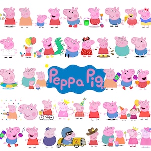 May include: A collection of Peppa Pig character illustrations featuring various poses, outfits, and accessories like balloons, party hats, bicycles, and toys. The central blue graphic displays the text Peppa Pig in pink, surrounded by multiple pink pig figures.