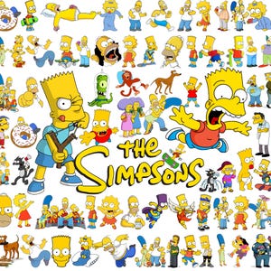 May include: A collection of various yellow-skinned cartoon characters from The Simpsons, including Bart, Homer, Lisa, Marge, and Maggie in numerous poses and outfits, arranged in a collage with the yellow text logo The Simpsons in the center.