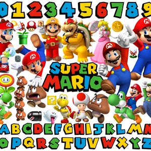 Puede incluir: Una colección de pegatinas de personajes de Super Mario que incluye a Mario, Luigi, Princess Peach, Bowser, Yoshi, Toad, Goombas y otros iconos. El set incluye el texto SUPER MARIO, los números 0-9 y el alfabeto A-Z en fuentes coloridas.