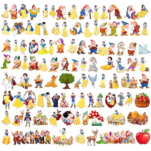 Puede incluir: Una colección de pegatinas coloridas con Blancanieves, los siete enanitos, un ciervo, un conejo, un pájaro azul, una cabaña, una cesta de manzanas rojas y una gran manzana roja. Los personajes aparecen en diversas poses y vestimentas.