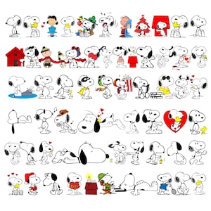 May include: A collection of multiple black and white line art illustrations of Snoopy and Woodstock in various poses, activities, and outfits, including wearing hats, sunglasses, and scarves, interacting with a red doghouse and other Peanuts characters.