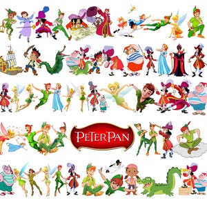 Pode incluir: Uma coleção de ilustrações coloridas de desenhos animados com personagens de Peter Pan, incluindo Peter Pan, Sininho, Capitão Gancho, Sr. Smee e o crocodilo. O centro apresenta um emblema vermelho e dourado com o texto Peter Pan.