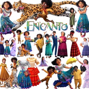 May include: A digital collage featuring the characters from the movie Encanto, including Mirabel, Antonio, Bruno, and others, alongside a jaguar and the colorful Encanto logo. The characters are shown in various poses wearing vibrant clothing.